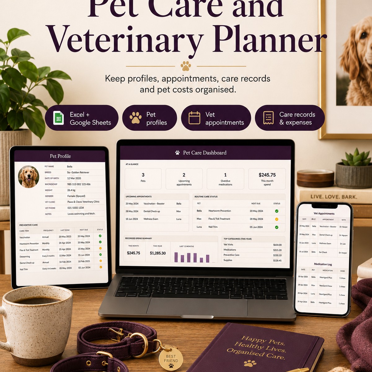 Pet Care and Veterinary Planner shown on laptop, tablet and phone